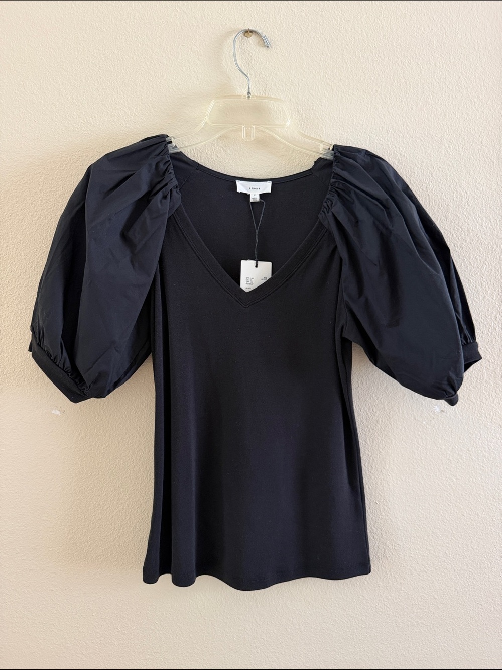 Black V-Neck Puff Sleeve Tee by A Loves A